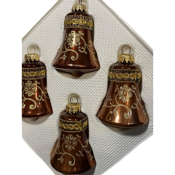 Glass Christmas Ornaments Bell Shape Set Of 4 Gold Accents Vintage Style Boxed - Picture 7 of 12